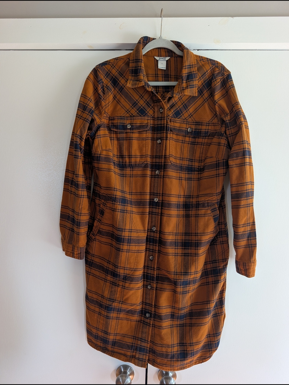 Duluth Trading Co Orange and Navy Plaid Long Shacket